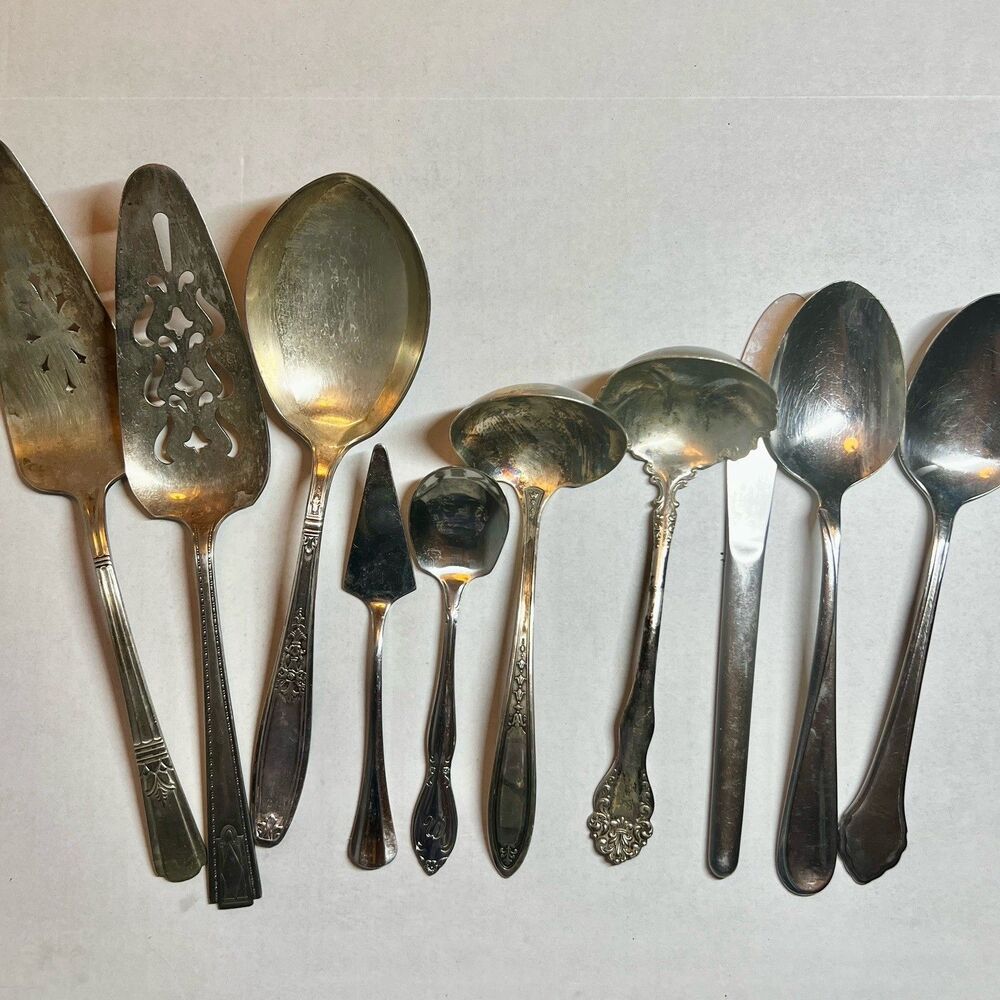 10 Vtg Mismatched Serving Flatware Lot Oneida Rogers Wallace Hackman Silverplate